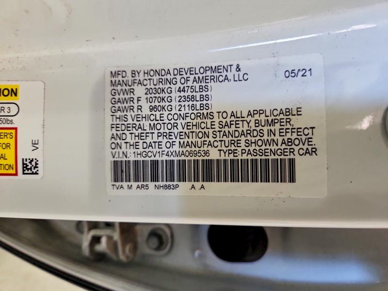 Продажа на аукционе авто 2021 Honda Accord, vin: 1HGCV1F4XMA069536, номер лота: 53249776