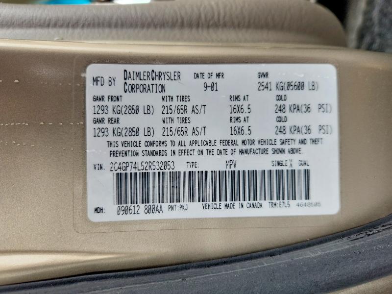 2002 Chrysler Town & Country მანქანა იყიდება აუქციონზე, vin: 2C4GP74L52R532053, აუქციონის ნომერი: 54901126