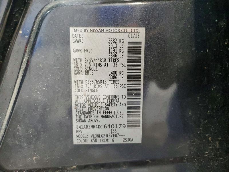 52353476 :رقم المزاد ، 5N1AR2MM4DC640179 vin ، 2013 Nissan Pathfinder مزاد بيع