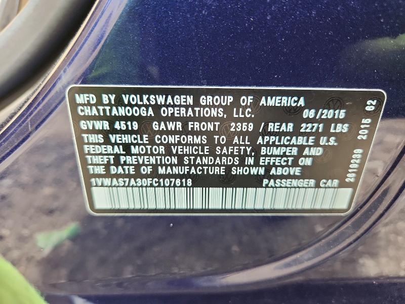 54838886 :رقم المزاد ، 1VWAS7A30FC107618 vin ، 2015 Volkswagen Passat مزاد بيع