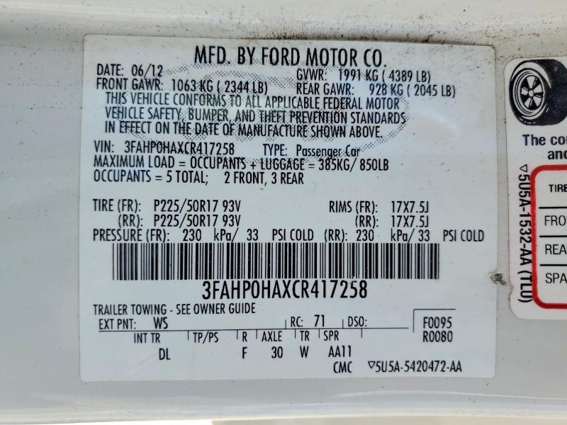 54882016 :رقم المزاد ، 3FAHP0HAXCR417258 vin ، 2012 Ford Fusion مزاد بيع