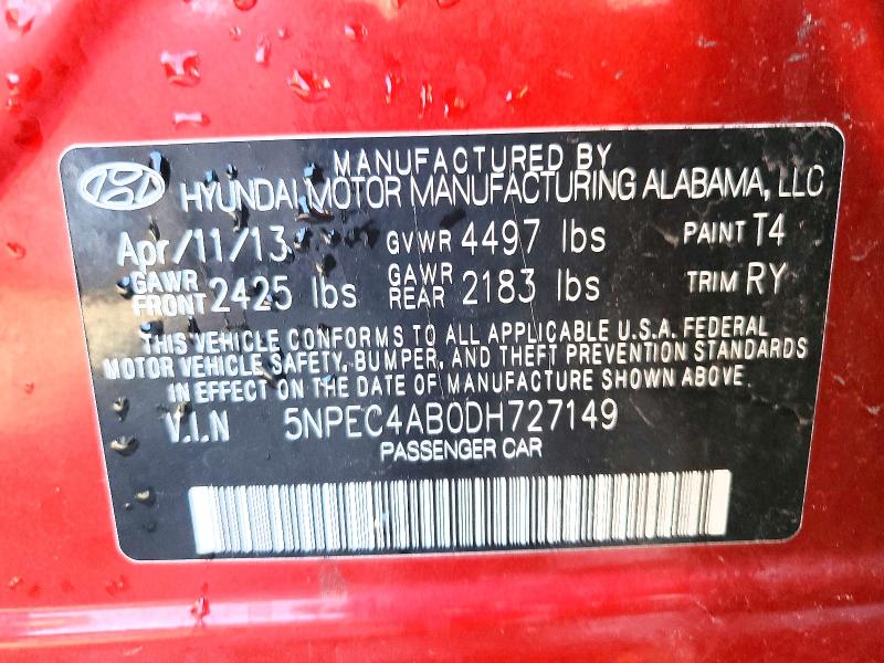 54320676 :رقم المزاد ، 5NPEC4AB0DH727149 vin ، 2013 Hyundai Sonata مزاد بيع