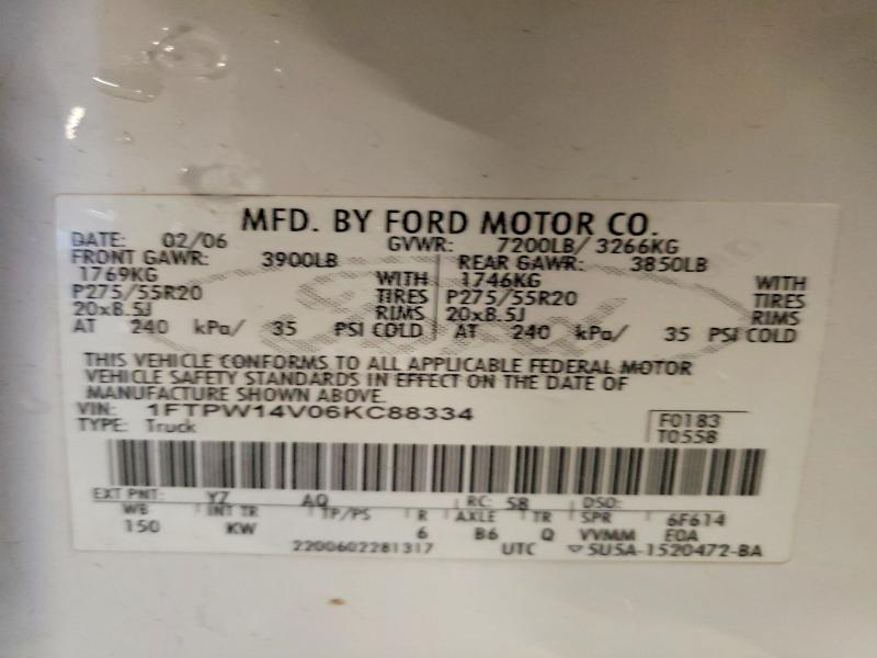 2006 Ford F150 მანქანა იყიდება აუქციონზე, vin: 1FTPW14V06KC88334, აუქციონის ნომერი: 52701386