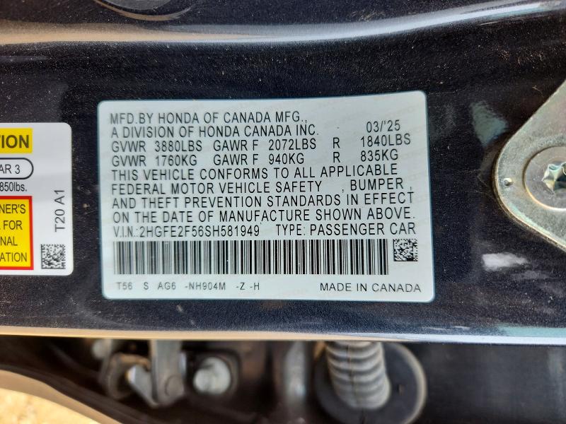 Продажа на аукционе авто 2025 Honda Civic, vin: 2HGFE2F56SH581949, номер лота: 53394586