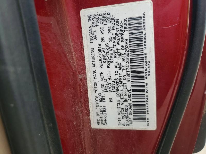 Aukcja sprzedaży 2002 Toyota Tundra, vin: 5TBRT34182S229389, numer aukcji: 54233116