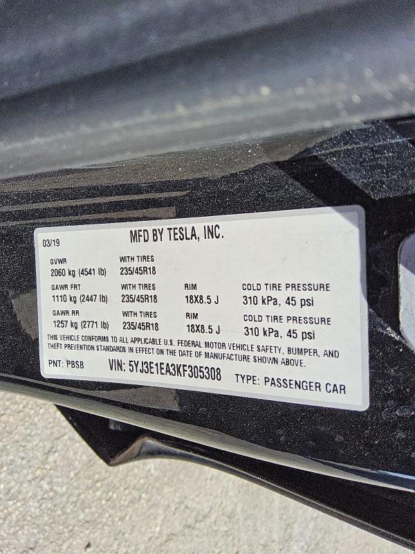 Продажа на аукционе авто 2019 Tesla Model 3, vin: 5YJ3E1EA3KF305308, номер лота: 54304606
