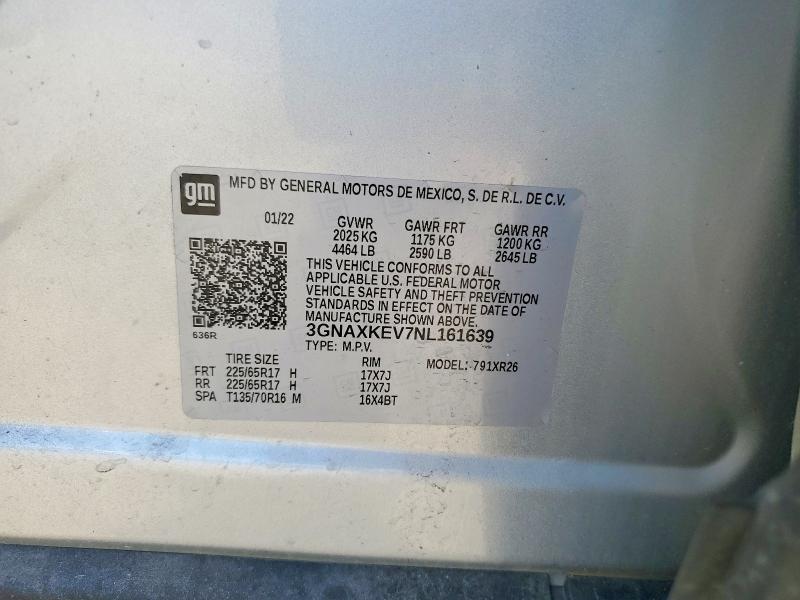 2022 Chevrolet Equinox მანქანა იყიდება აუქციონზე, vin: 3GNAXKEV7NL161639, აუქციონის ნომერი: 55192206