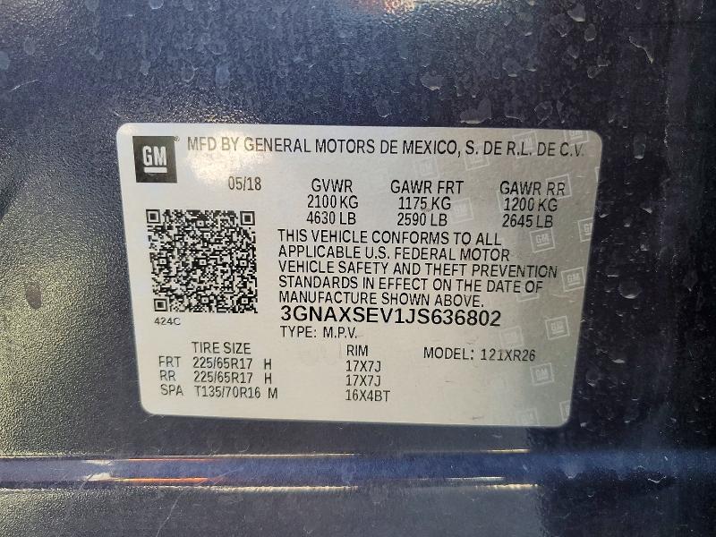 Продаж на аукціоні авто 2018 Chevrolet Equinox, vin: 3GNAXSEV1JS636802, номер лоту: 53074936
