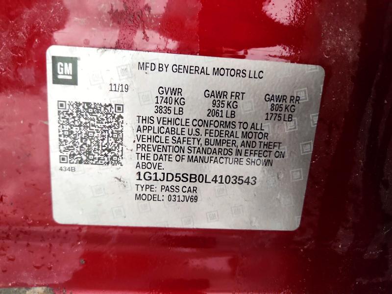 2020 Chevrolet Sonic მანქანა იყიდება აუქციონზე, vin: 1G1JD5SB0L4103543, აუქციონის ნომერი: 54291756