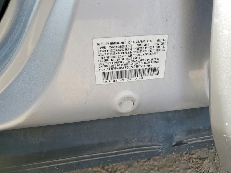 52537556 :رقم المزاد ، 5FNYF4H5XFB022316 vin ، 2015 Honda Pilot مزاد بيع