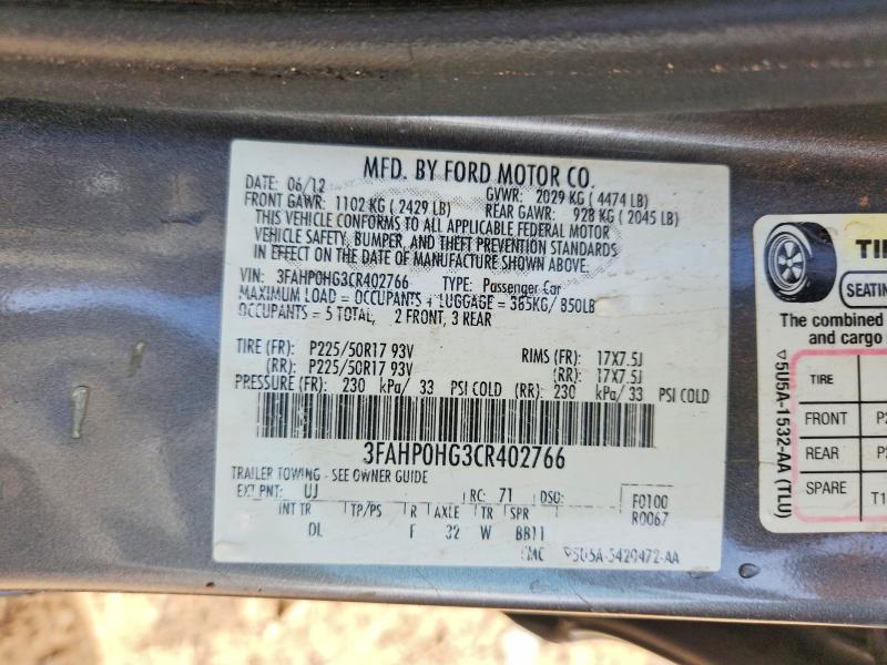 Aukcja sprzedaży 2012 Ford Fusion, vin: 3FAHP0HG3CR402766, numer aukcji: 51719446