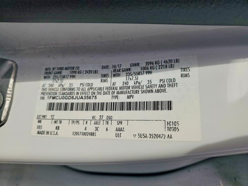 55021076 :رقم المزاد ، 1FMCU0GD8JUA35675 vin ، 2018 Ford Escape مزاد بيع