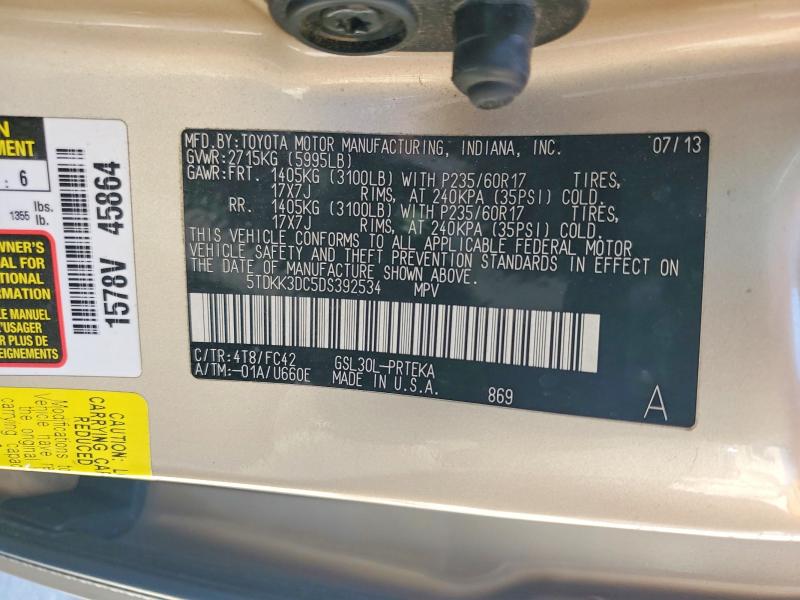 2013 Toyota Sienna მანქანა იყიდება აუქციონზე, vin: 5TDKK3DC5DS392534, აუქციონის ნომერი: 54458786