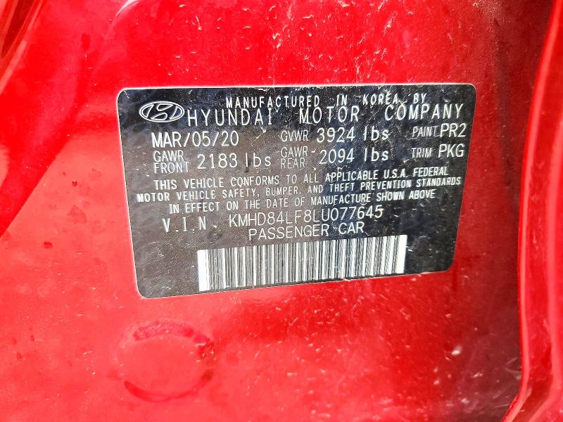 2020 Hyundai Elantra მანქანა იყიდება აუქციონზე, vin: KMHD84LF8LU077645, აუქციონის ნომერი: 54086646