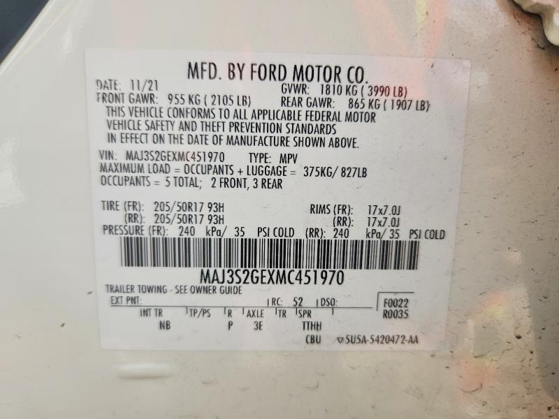 2021 Ford Ecosport მანქანა იყიდება აუქციონზე, vin: MAJ3S2GEXMC451970, აუქციონის ნომერი: 51592186