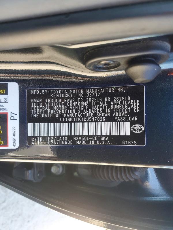 Продаж на аукціоні авто 2012 Toyota Camry, vin: 4T1BK1FK1CU517026, номер лоту: 54654786