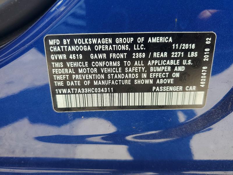 Продаж на аукціоні авто 2017 Volkswagen Passat, vin: 1VWAT7A33HC034311, номер лоту: 54244976