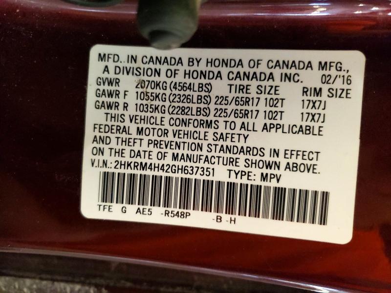 Auction sale of the 2016 Honda Cr-v, vin: 2HKRM4H42GH637351, lot number: 53521276