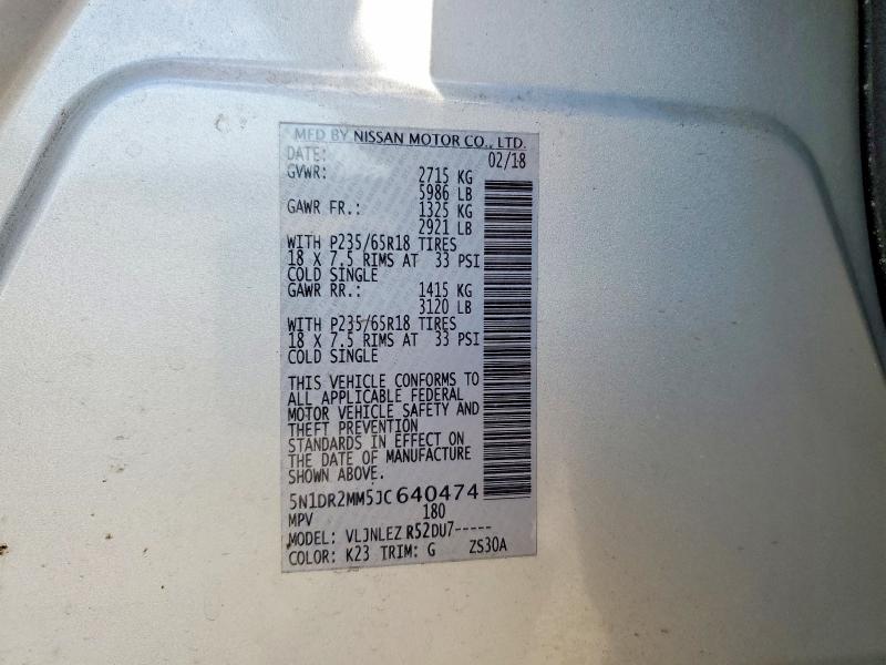 53734666 :رقم المزاد ، 5N1DR2MM5JC640474 vin ، 2018 Nissan Pathfinder مزاد بيع
