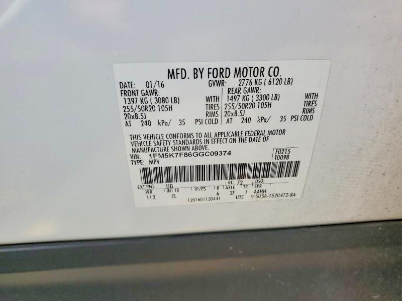 2016 Ford Explorer მანქანა იყიდება აუქციონზე, vin: 1FM5K7F86GGC09374, აუქციონის ნომერი: 51569246
