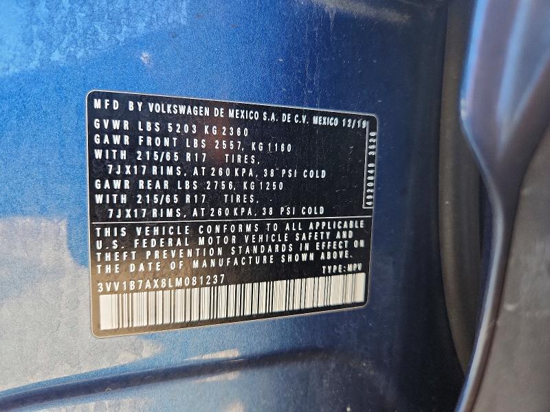 Продажа на аукционе авто 2020 Volkswagen Tiguan, vin: 3VV1B7AX8LM081237, номер лота: 53190286