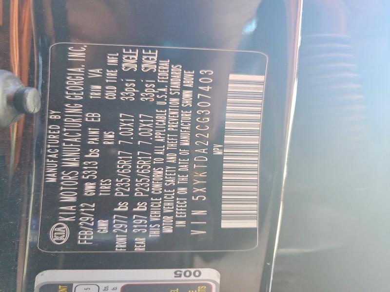 2012 Kia Sorento მანქანა იყიდება აუქციონზე, vin: 5XYKTDA22CG307403, აუქციონის ნომერი: 55138096
