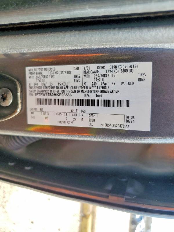 53060556 :رقم المزاد ، 1FTFW1E89MKE93586 vin ، 2021 Ford F150 مزاد بيع