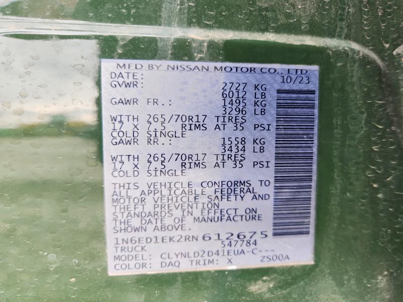 2024 Nissan Frontier მანქანა იყიდება აუქციონზე, vin: 1N6ED1EK2RN612675, აუქციონის ნომერი: 54460416