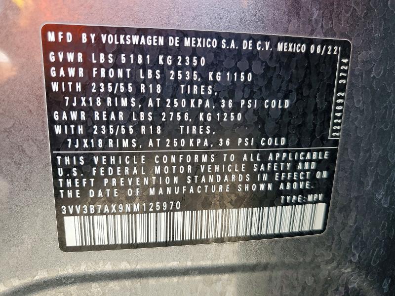52423156 :رقم المزاد ، 3VV3B7AX9NM125970 vin ، 2022 Volkswagen Tiguan مزاد بيع