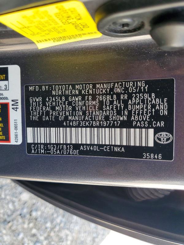 2011 Toyota Camry მანქანა იყიდება აუქციონზე, vin: 4T4BF3EK7BR197717, აუქციონის ნომერი: 53931576