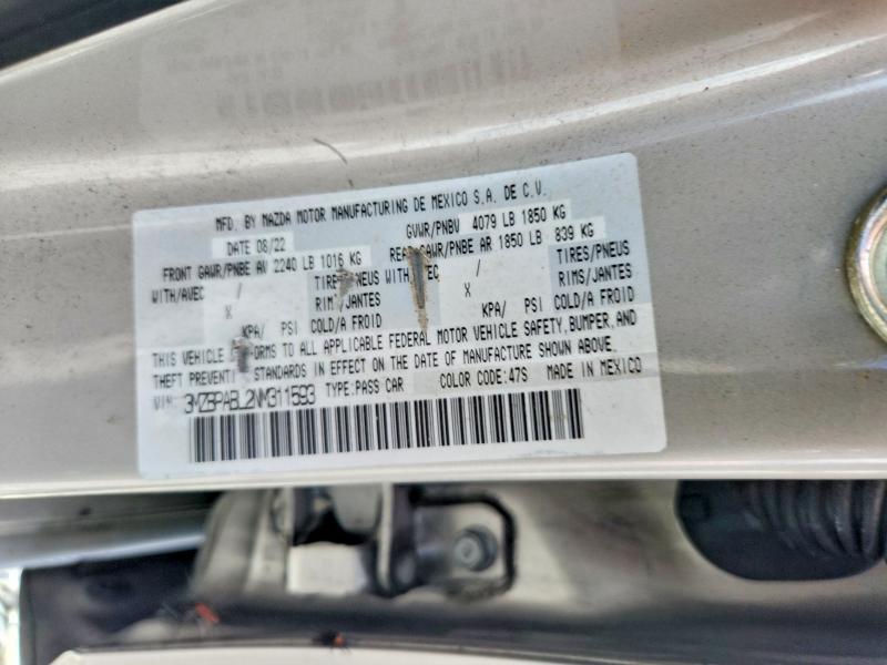 2022 Mazda 3 მანქანა იყიდება აუქციონზე, vin: 3MZBPABL2NM311593, აუქციონის ნომერი: 54435536