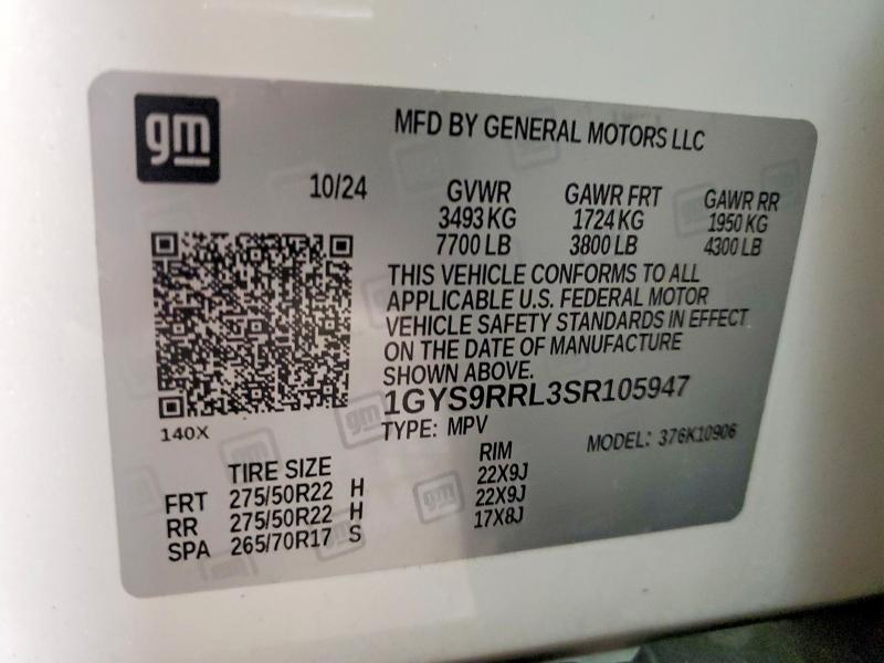54695276 :رقم المزاد ، 1GYS9RRL3SR105947 vin ، 2025 Cadillac Escalade مزاد بيع
