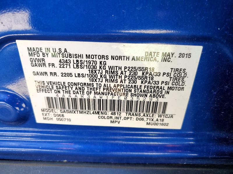 52355636 :رقم المزاد ، 4A4AR3AW1FE035293 vin ، 2015 Mitsubishi Outlander Sport مزاد بيع