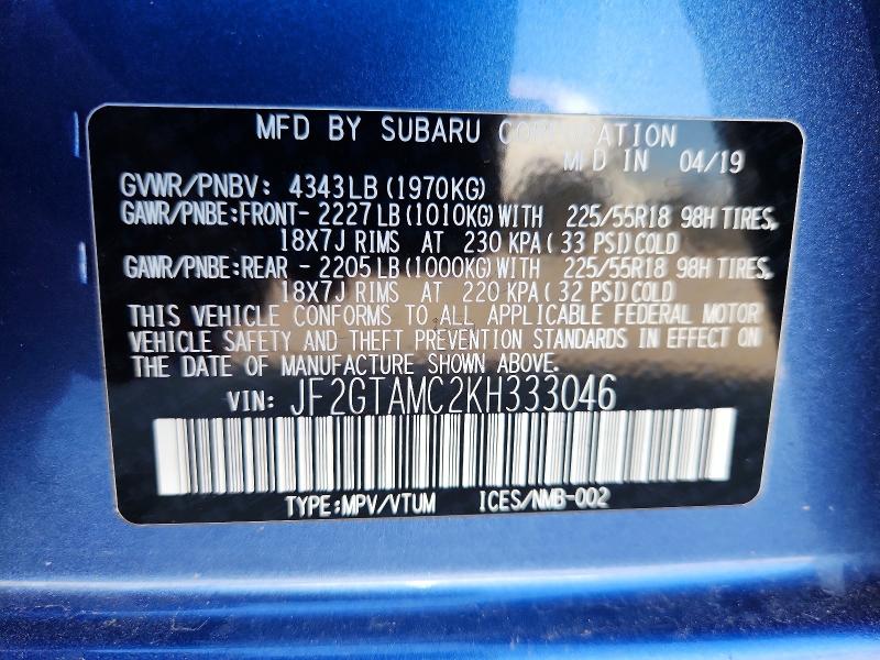 2019 Subaru Crosstrek მანქანა იყიდება აუქციონზე, vin: JF2GTAMC2KH333046, აუქციონის ნომერი: 53174146