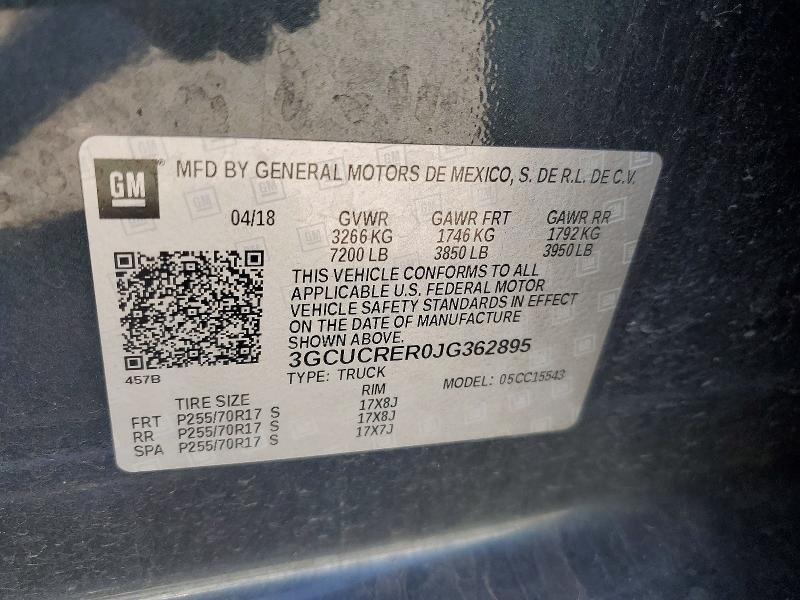 52780286 :رقم المزاد ، 3GCUCRER0JG362895 vin ، 2018 Chevrolet Silverado مزاد بيع