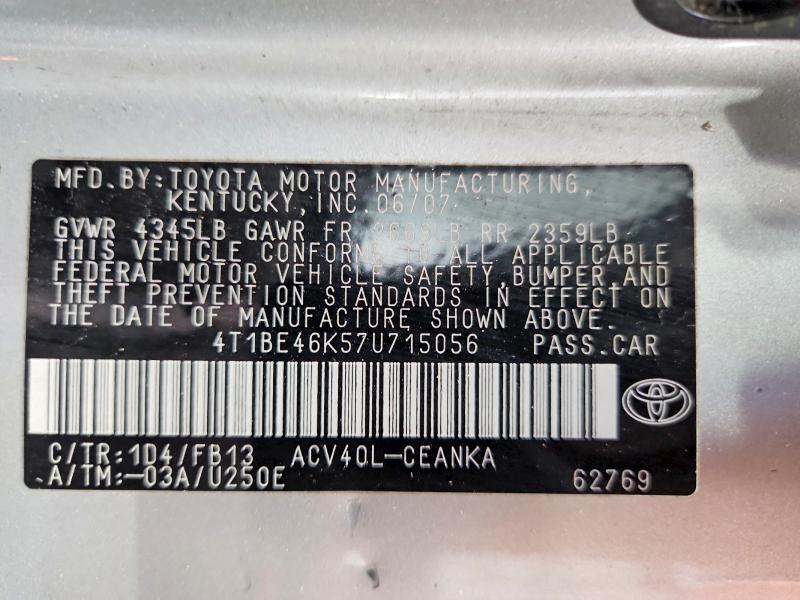 2007 Toyota Camry მანქანა იყიდება აუქციონზე, vin: 4T1BE46K57U715056, აუქციონის ნომერი: 52132846