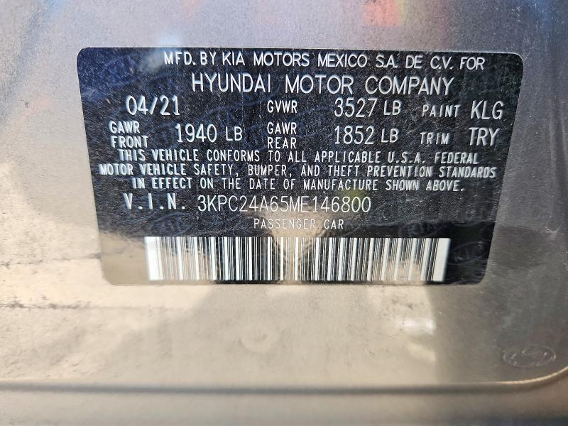 Продажа на аукционе авто 2021 Hyundai Accent, vin: 3KPC24A65ME146800, номер лота: 53402046