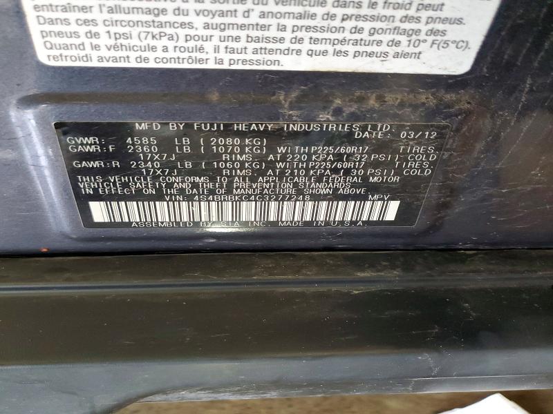 2012 Subaru Outback მანქანა იყიდება აუქციონზე, vin: 4S4BRBKC4C3277248, აუქციონის ნომერი: 54128106