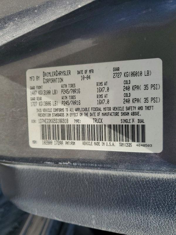 54916906 :رقم المزاد ، 1D7HE22K65S186918 vin ، 2005 Dodge Dakota مزاد بيع