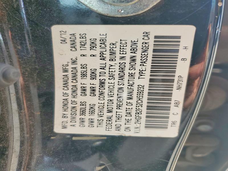 Aukcja sprzedaży 2012 Honda Civic, vin: 2HGFB2F52CH559232, numer aukcji: 53088446
