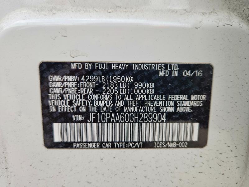 52460476 :رقم المزاد ، JF1GPAA60GH289904 vin ، 2016 Subaru Impreza مزاد بيع