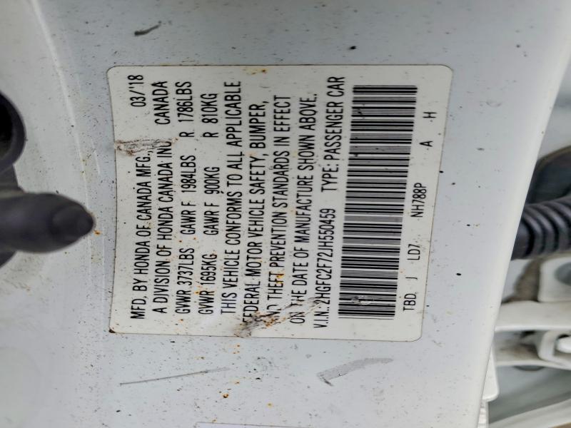 Продажа на аукционе авто 2018 Honda Civic, vin: 2HGFC2F72JH550459, номер лота: 55445706
