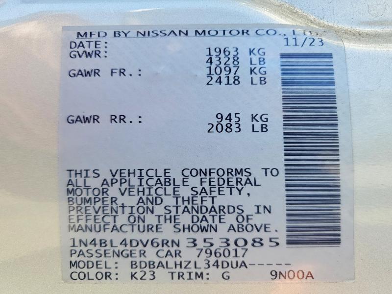 2024 Nissan Altima მანქანა იყიდება აუქციონზე, vin: 1N4BL4DV6RN353085, აუქციონის ნომერი: 53551986