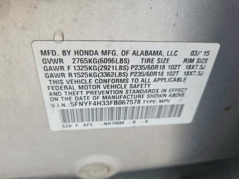 54002136 :رقم المزاد ، 5FNYF4H33FB067578 vin ، 2015 Honda Pilot مزاد بيع
