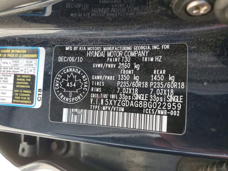 2011 Hyundai Santa Fe მანქანა იყიდება აუქციონზე, vin: 5XYZGDAG8BG022959, აუქციონის ნომერი: 54251256