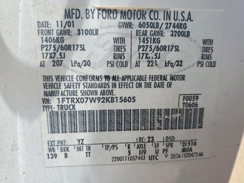 Aukcja sprzedaży 2002 Ford F150, vin: 1FTRX07W92KB15605, numer aukcji: 55182096