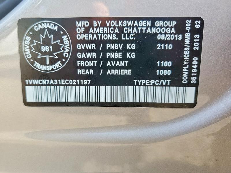 2014 Volkswagen Passat მანქანა იყიდება აუქციონზე, vin: 1VWCN7A31EC021197, აუქციონის ნომერი: 50459726