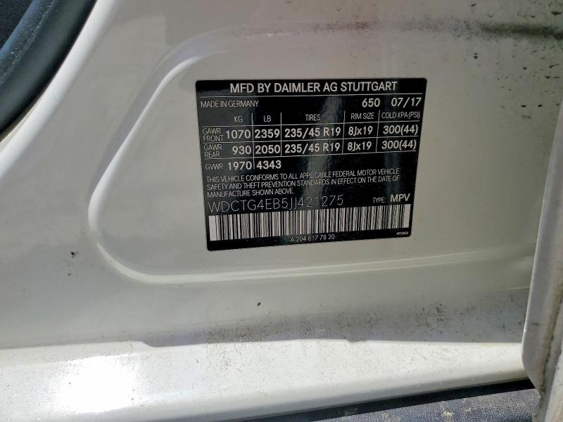 53097446 :رقم المزاد ، WDCTG4EB5JJ421275 vin ، 2018 Mercedes-benz Gla مزاد بيع