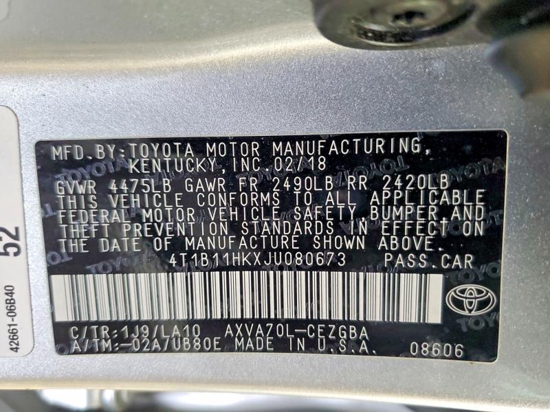 Продажа на аукционе авто 2018 Toyota Camry, vin: 4T1B11HKXJU080673, номер лота: 51859306