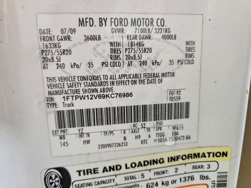 52191236 :رقم المزاد ، 1FTPW12V69KC76986 vin ، 2009 Ford F150 مزاد بيع